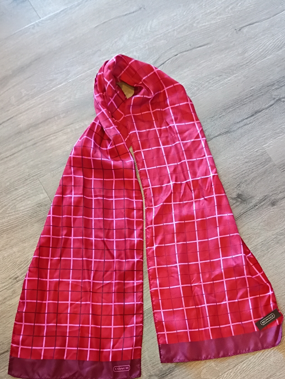 Coach Red Pink Maroon Windowpane 100%  Silk Scarf 60" x 10"